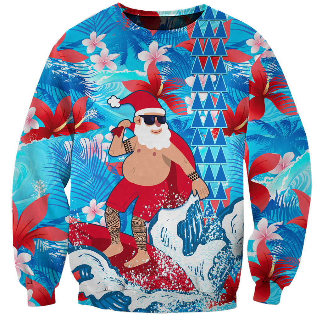 Hawaii Christmas Sweatshirt Santa Claus Surfing Kakau Tropical Style LT01 Unisex Blue - Polynesian Pride