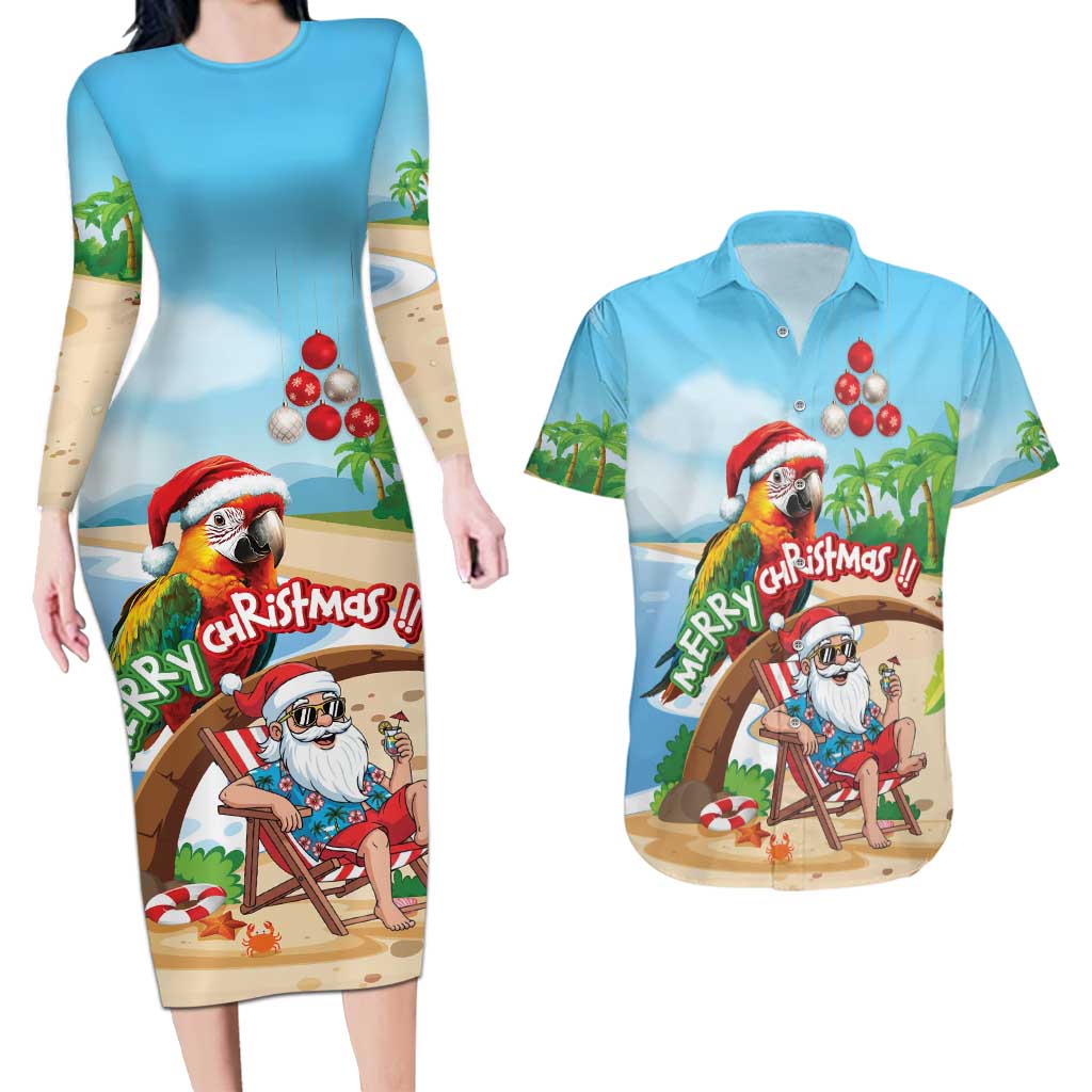 Personalized Hawaii Santa Parrot Christmas Couples Matching Long Sleeve Bodycon Dress and Hawaiian Shirt Summer Vibe - Polynesian Pride