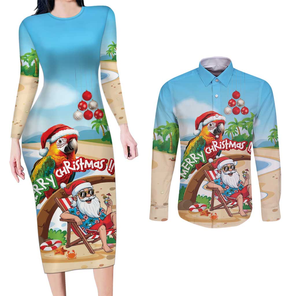 Personalized Hawaii Santa Parrot Christmas Couples Matching Long Sleeve Bodycon Dress and Long Sleeve Button Shirt Summer Vibe - Polynesian Pride
