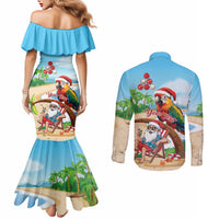Personalized Hawaii Santa Parrot Christmas Couples Matching Mermaid Dress and Long Sleeve Button Shirt Summer Vibe - Polynesian Pride
