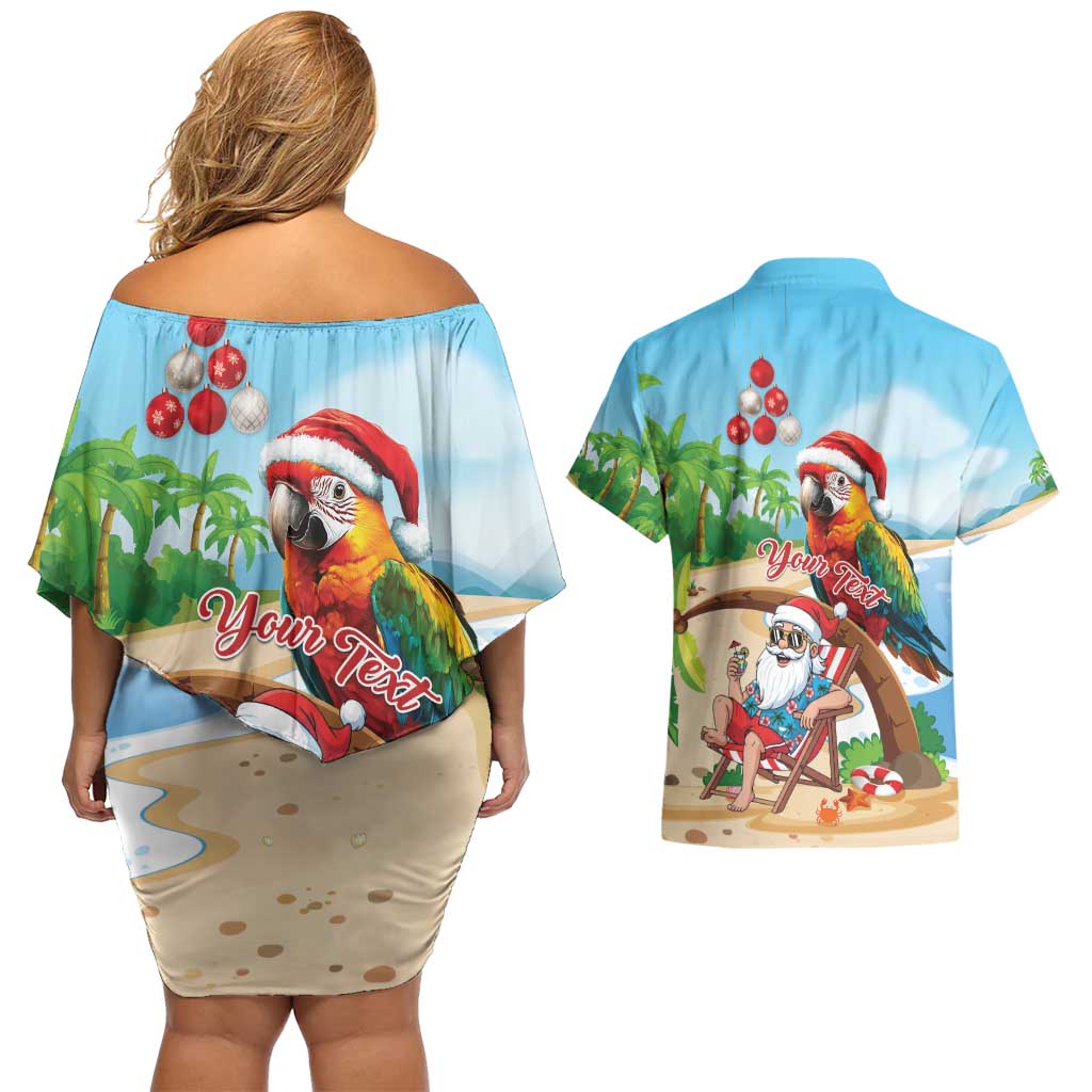 Personalized Hawaii Santa Parrot Christmas Couples Matching Off Shoulder Short Dress and Hawaiian Shirt Summer Vibe - Polynesian Pride