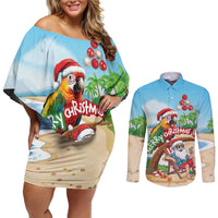 Personalized Hawaii Santa Parrot Christmas Couples Matching Off Shoulder Short Dress and Long Sleeve Button Shirt Summer Vibe - Polynesian Pride