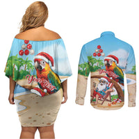 Personalized Hawaii Santa Parrot Christmas Couples Matching Off Shoulder Short Dress and Long Sleeve Button Shirt Summer Vibe - Polynesian Pride