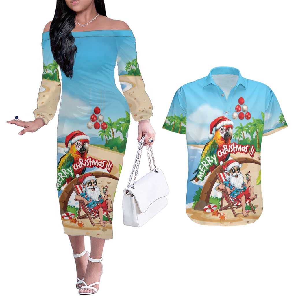 Personalized Hawaii Santa Parrot Christmas Couples Matching Off The Shoulder Long Sleeve Dress and Hawaiian Shirt Summer Vibe - Polynesian Pride