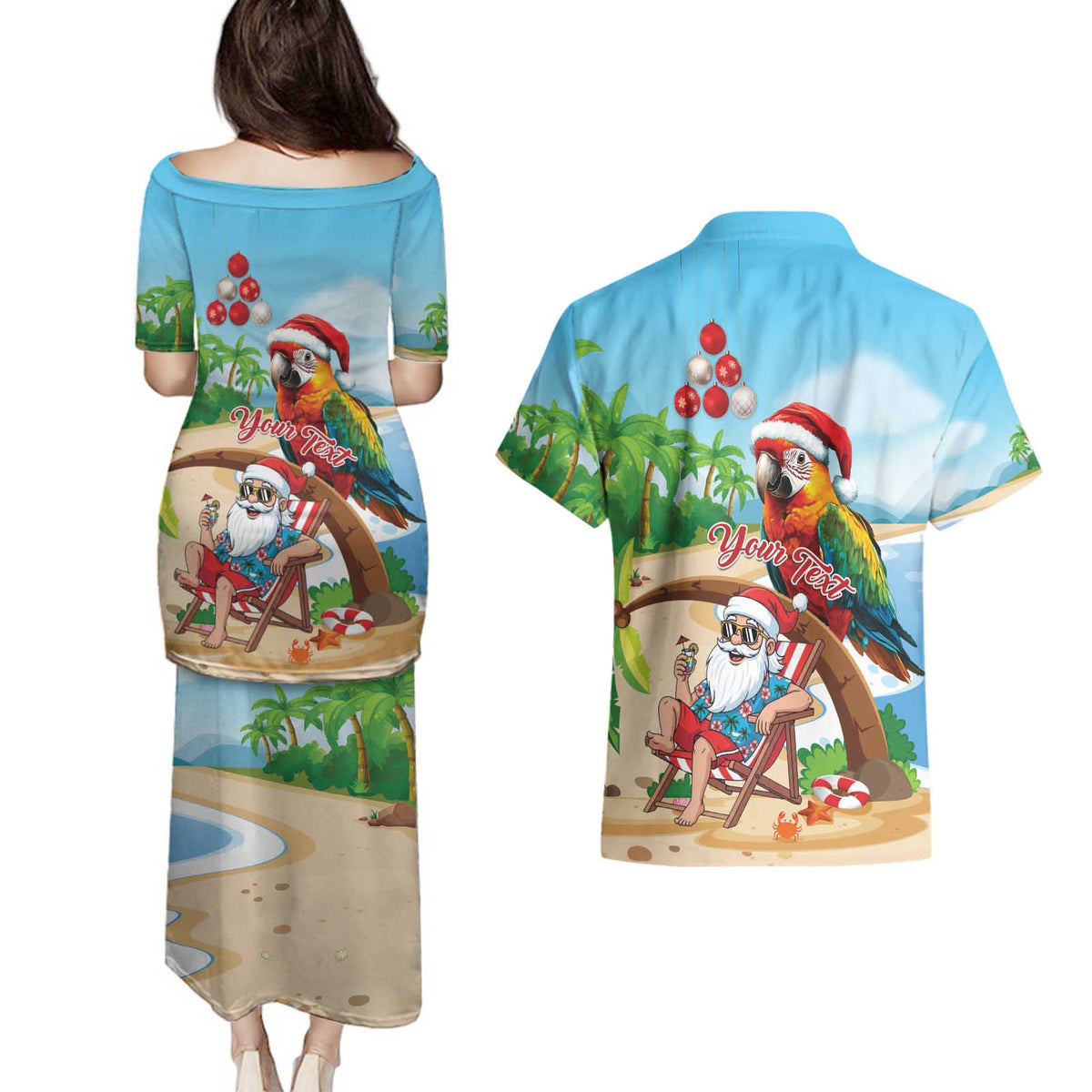 Personalized Hawaii Santa Parrot Christmas Couples Matching Puletasi and Hawaiian Shirt Summer Vibe - Polynesian Pride