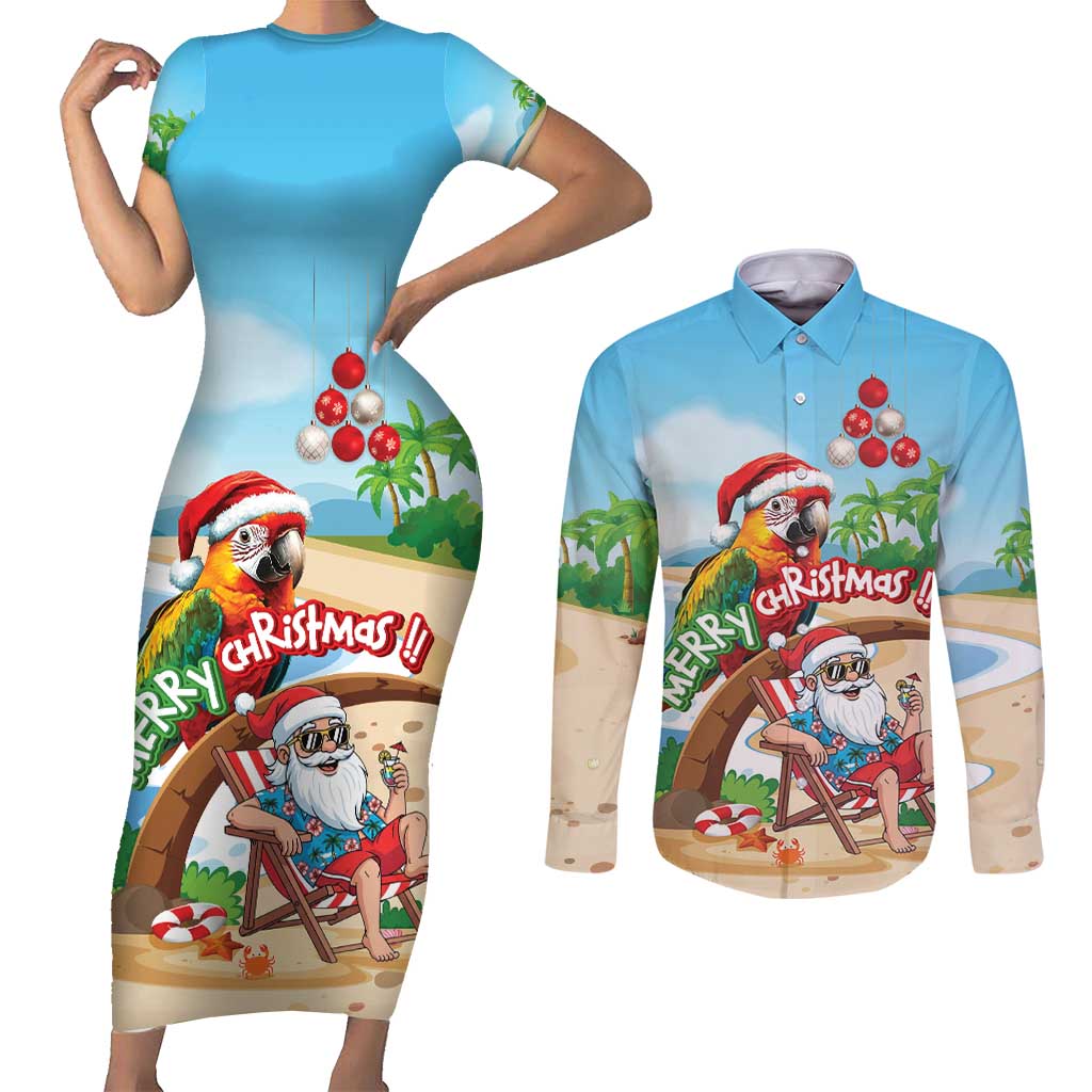 Personalized Hawaii Santa Parrot Christmas Couples Matching Short Sleeve Bodycon Dress and Long Sleeve Button Shirt Summer Vibe - Polynesian Pride
