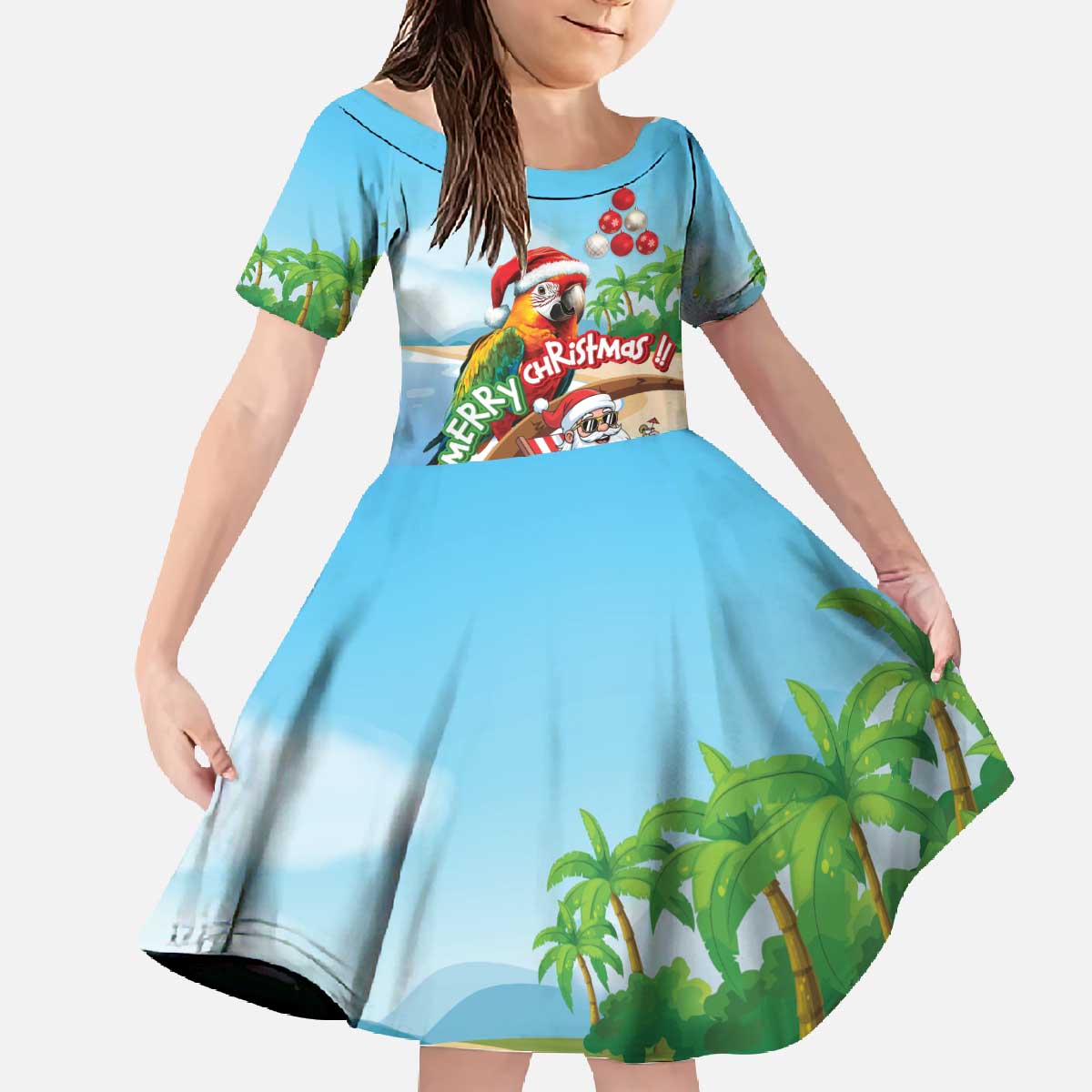 Personalized Hawaii Santa Parrot Christmas Family Matching Off The Shoulder Long Sleeve Dress and Hawaiian Shirt Summer Vibe - Polynesian Pride