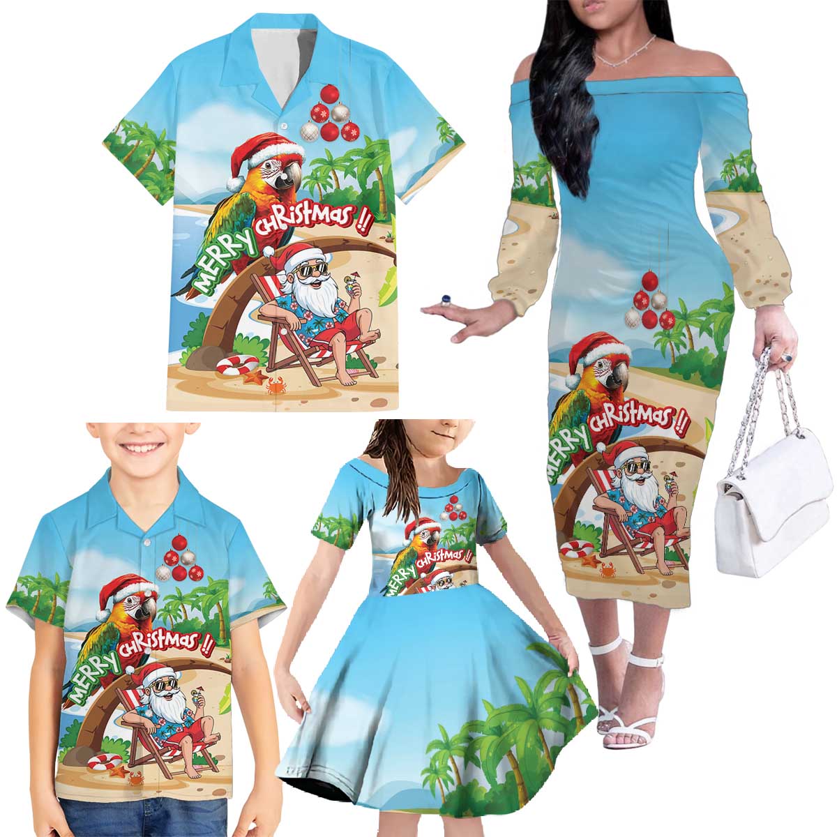 Personalized Hawaii Santa Parrot Christmas Family Matching Off The Shoulder Long Sleeve Dress and Hawaiian Shirt Summer Vibe - Polynesian Pride