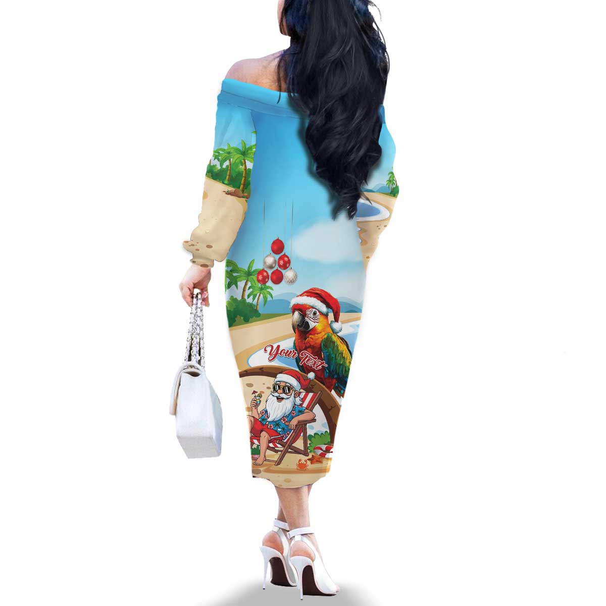 Personalized Hawaii Santa Parrot Christmas Family Matching Off The Shoulder Long Sleeve Dress and Hawaiian Shirt Summer Vibe - Polynesian Pride