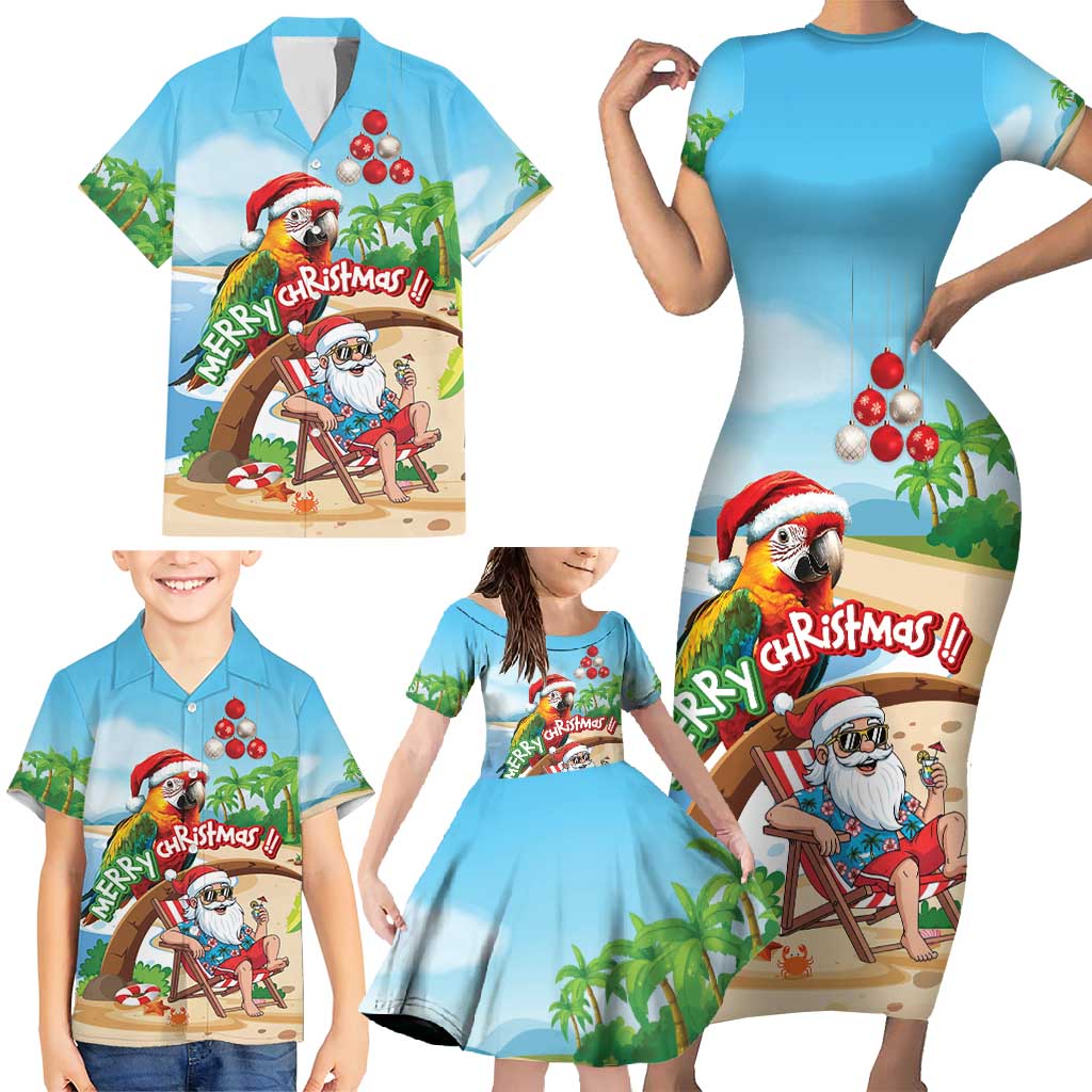 Personalized Hawaii Santa Parrot Christmas Family Matching Short Sleeve Bodycon Dress and Hawaiian Shirt Summer Vibe - Polynesian Pride