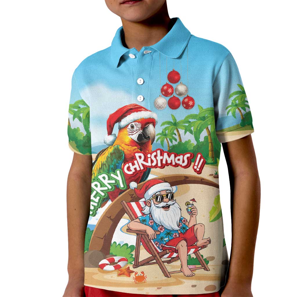 Personalized Hawaii Santa Parrot Christmas Kid Polo Shirt Summer Vibe LT01 Kid Blue - Polynesian Pride