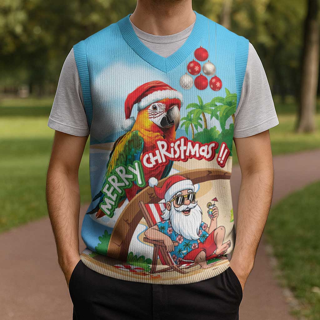 Personalized Hawaii Santa Parrot Christmas Knitted V-Neck Vest Summer Vibe - Polynesian Pride
