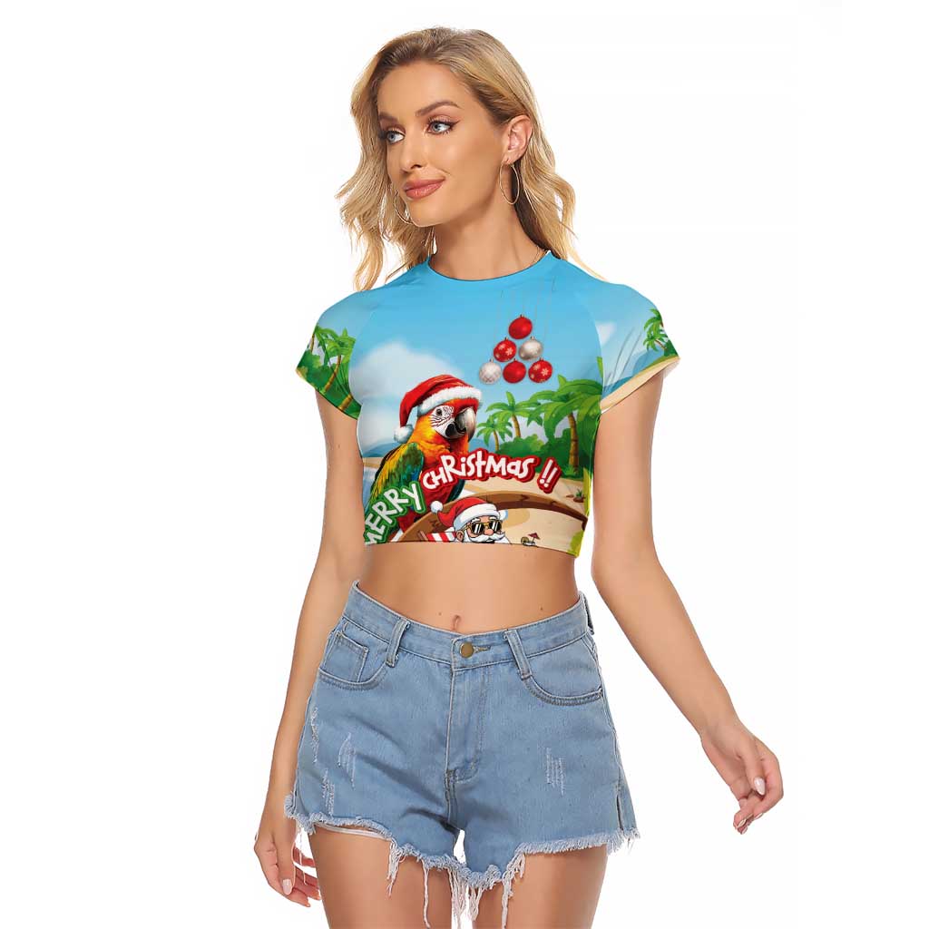 Personalized Hawaii Santa Parrot Christmas Raglan Cropped T Shirt Summer Vibe - Polynesian Pride