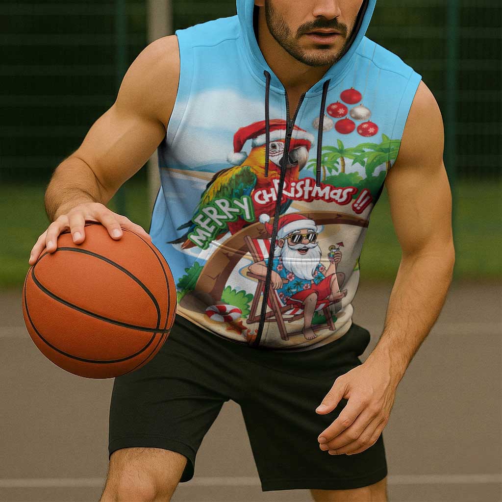 Personalized Hawaii Santa Parrot Christmas Sleeveless Zip Hoodie Summer Vibe - Polynesian Pride