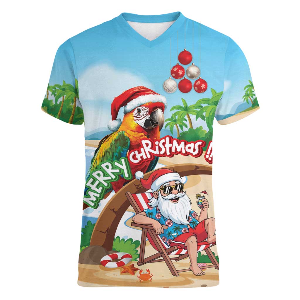 Personalized Hawaii Santa Parrot Christmas Women V-Neck T-Shirt Summer Vibe - Polynesian Pride