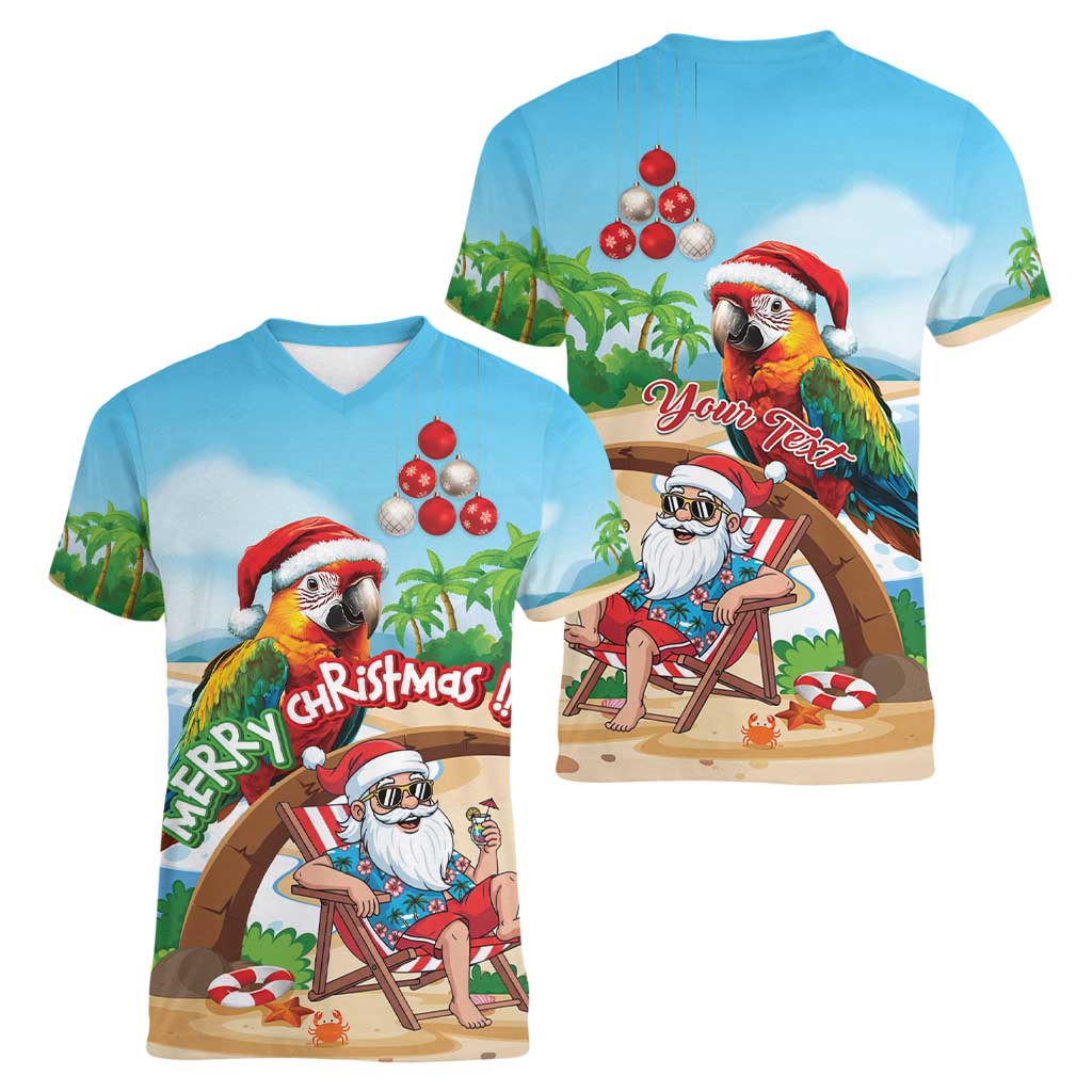 Personalized Hawaii Santa Parrot Christmas Women V-Neck T-Shirt Summer Vibe - Polynesian Pride