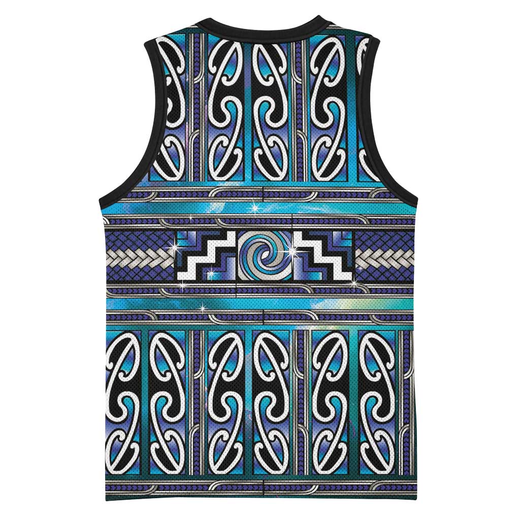 Maori Matariki Basketball Jersey Blue Galaxy Aesthetic Koru Art