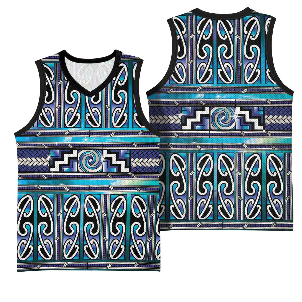 Maori Matariki Basketball Jersey Blue Galaxy Aesthetic Koru Art
