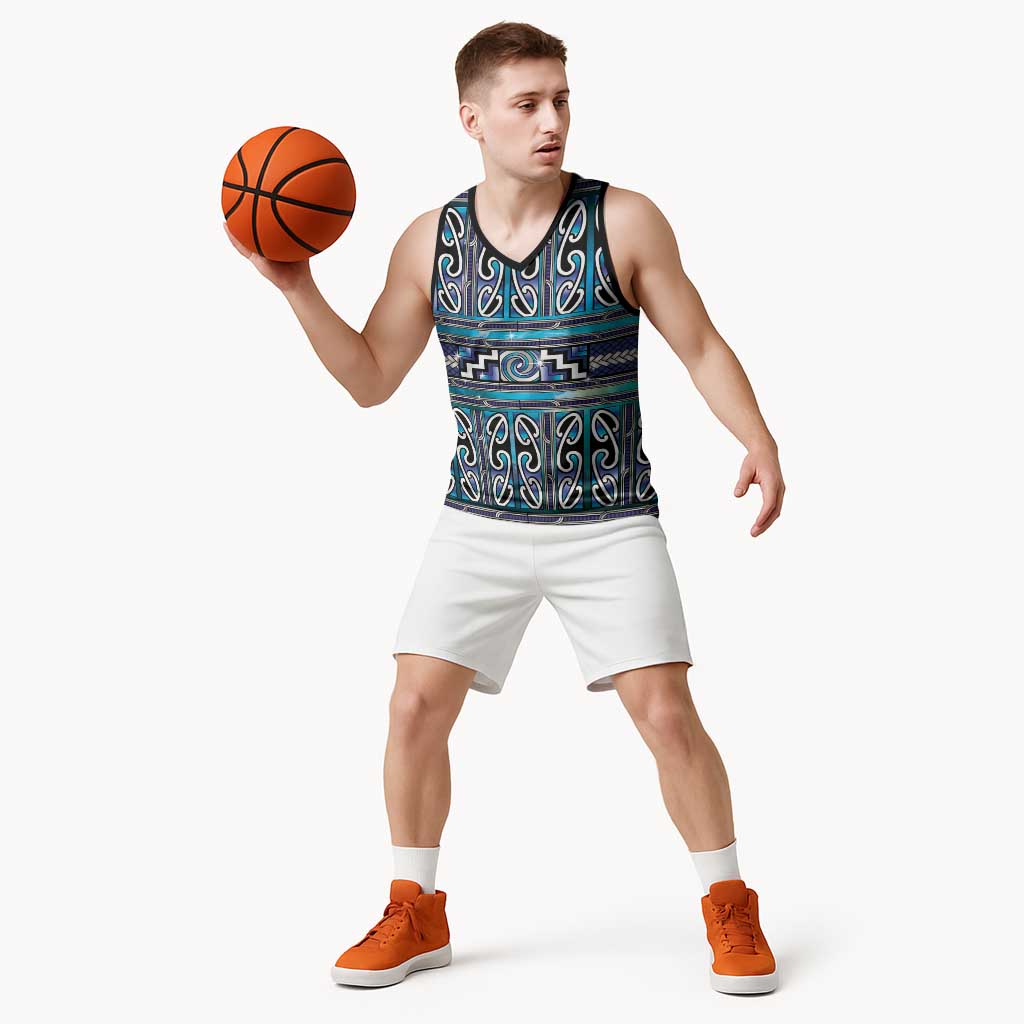 Maori Matariki Basketball Jersey Blue Galaxy Aesthetic Koru Art