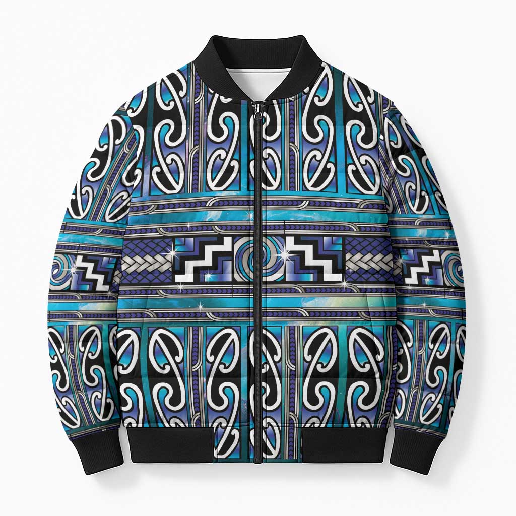 Maori Matariki Bomber Puffer Jacket Blue Galaxy Aesthetic Koru Art