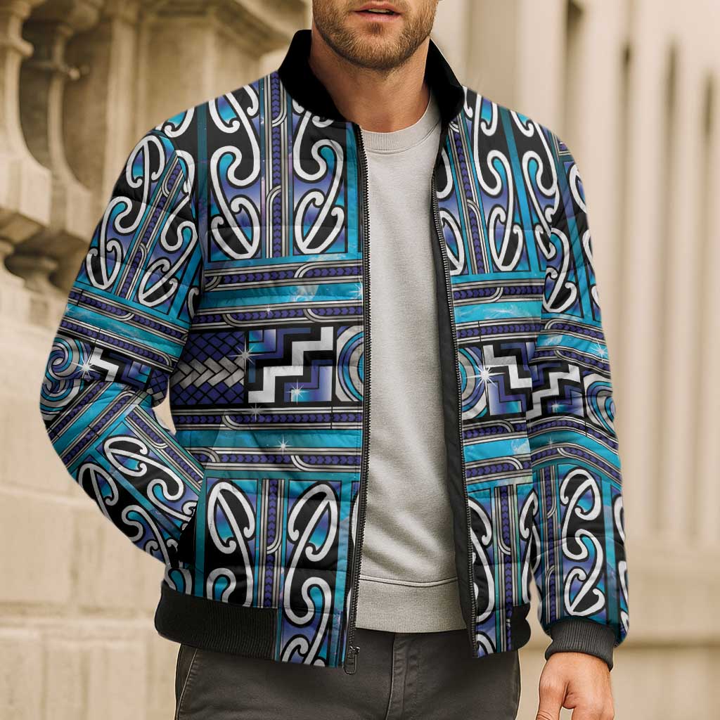 Maori Matariki Bomber Puffer Jacket Blue Galaxy Aesthetic Koru Art
