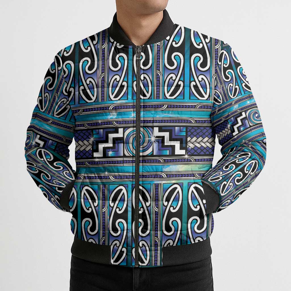 Maori Matariki Bomber Puffer Jacket Blue Galaxy Aesthetic Koru Art