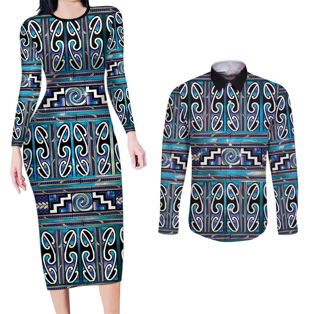 Maori Matariki Couples Matching Long Sleeve Bodycon Dress and Long Sleeve Button Shirt Blue Galaxy Aesthetic Koru Art