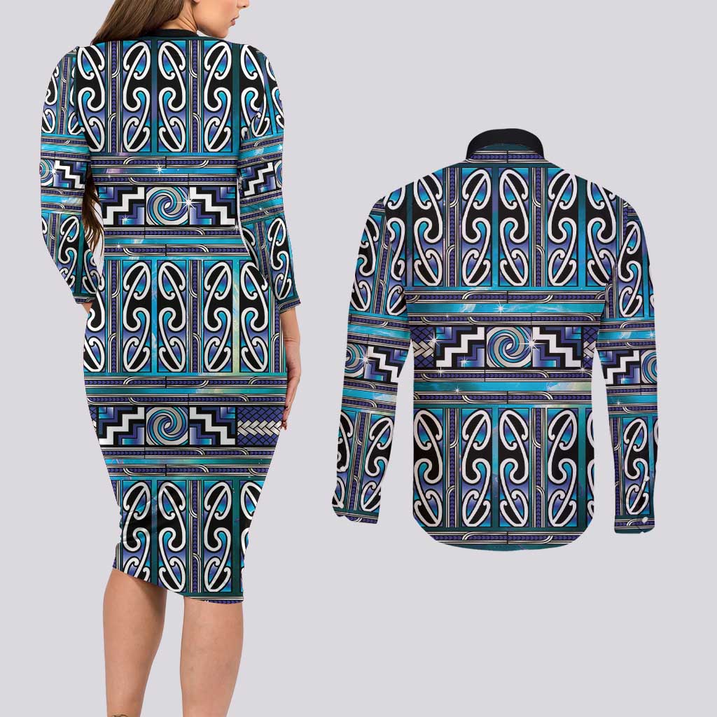 Maori Matariki Couples Matching Long Sleeve Bodycon Dress and Long Sleeve Button Shirt Blue Galaxy Aesthetic Koru Art