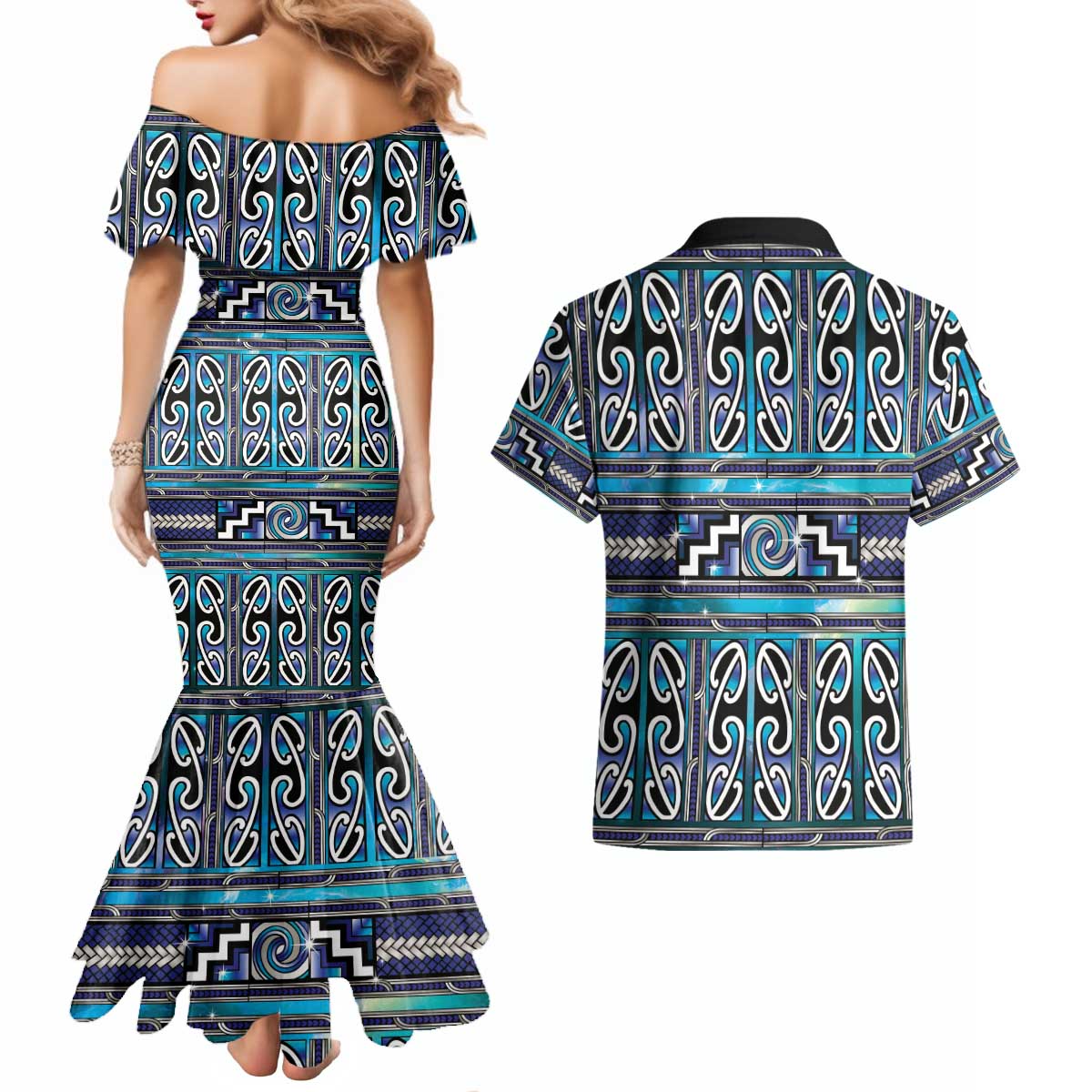 Maori Matariki Couples Matching Mermaid Dress and Hawaiian Shirt Blue Galaxy Aesthetic Koru Art