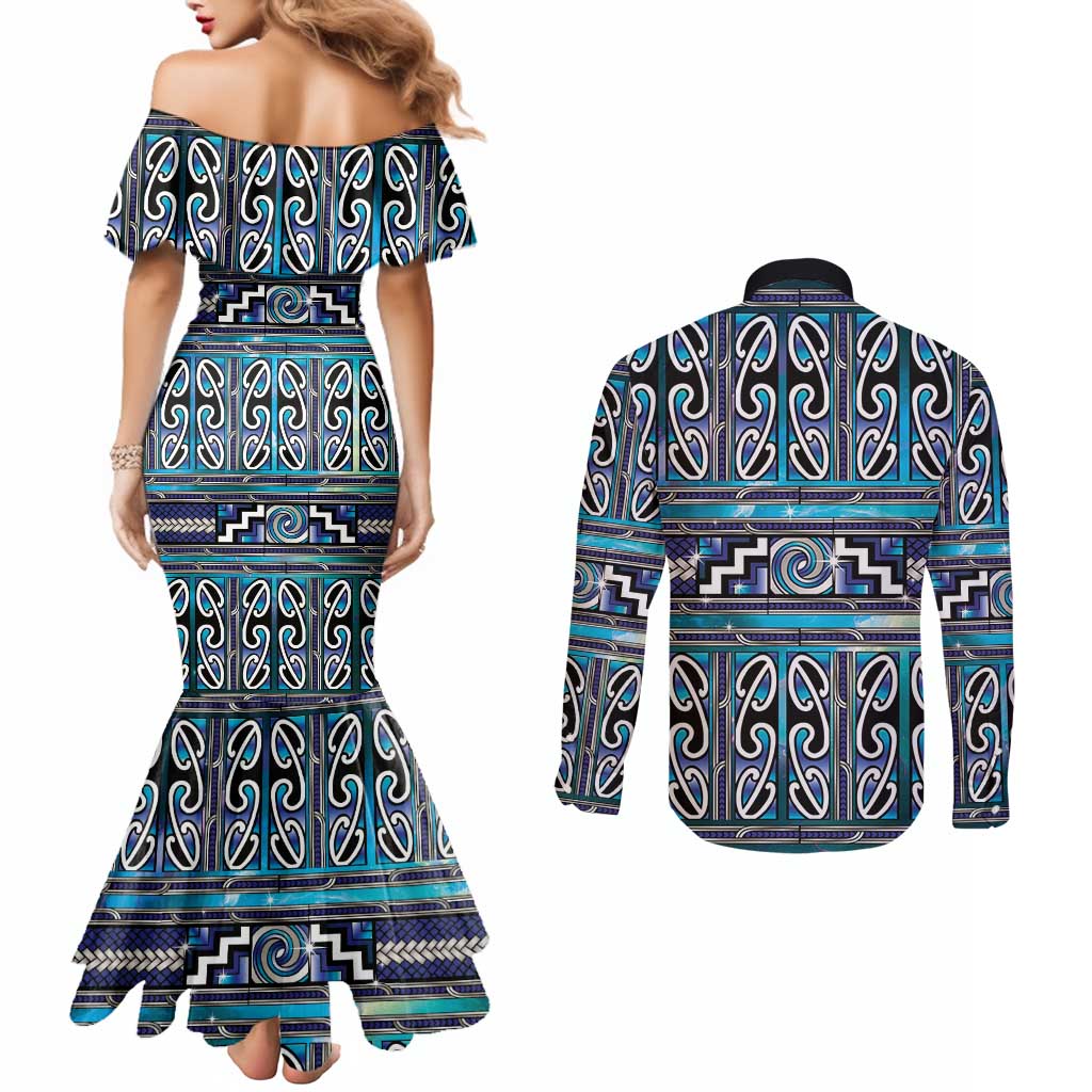 Maori Matariki Couples Matching Mermaid Dress and Long Sleeve Button Shirt Blue Galaxy Aesthetic Koru Art
