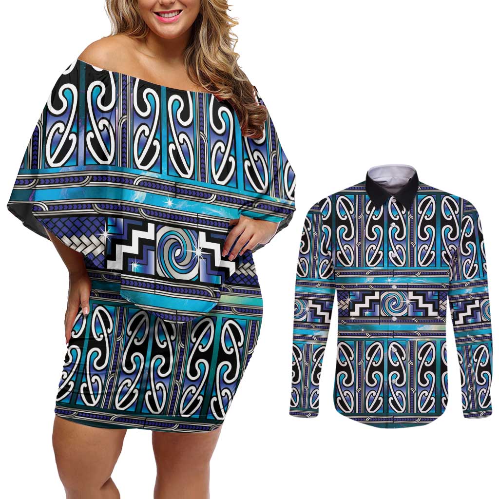 Maori Matariki Couples Matching Off Shoulder Short Dress and Long Sleeve Button Shirt Blue Galaxy Aesthetic Koru Art