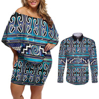 Maori Matariki Couples Matching Off Shoulder Short Dress and Long Sleeve Button Shirt Blue Galaxy Aesthetic Koru Art