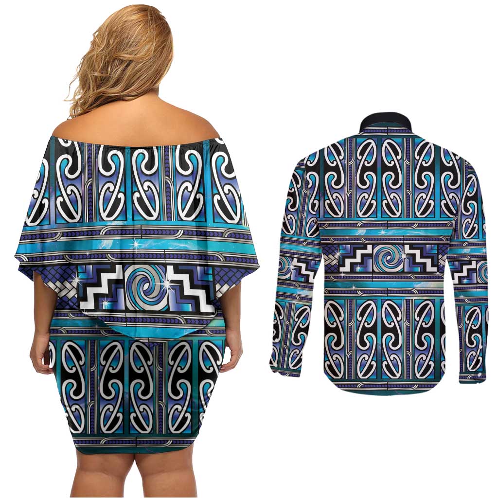 Maori Matariki Couples Matching Off Shoulder Short Dress and Long Sleeve Button Shirt Blue Galaxy Aesthetic Koru Art