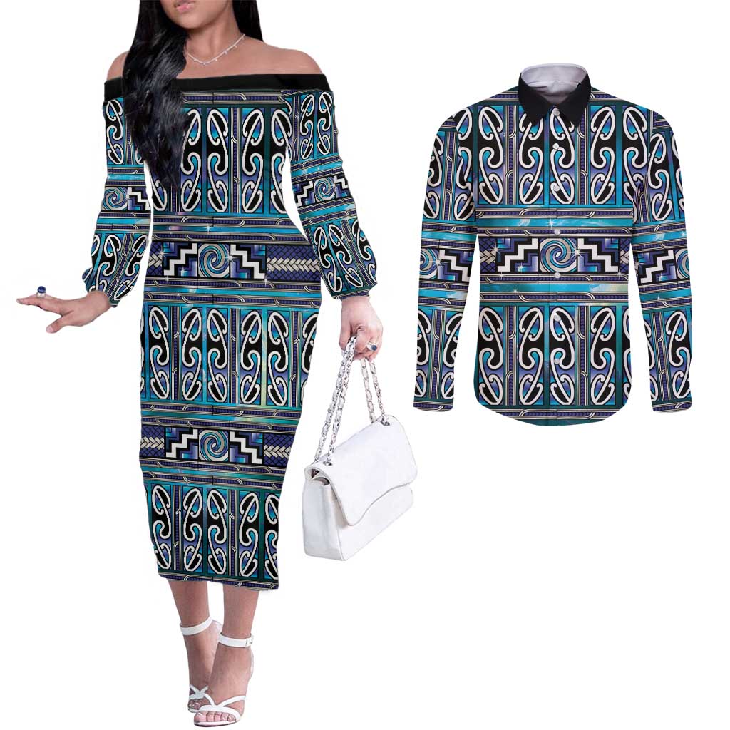 Maori Matariki Couples Matching Off The Shoulder Long Sleeve Dress and Long Sleeve Button Shirt Blue Galaxy Aesthetic Koru Art