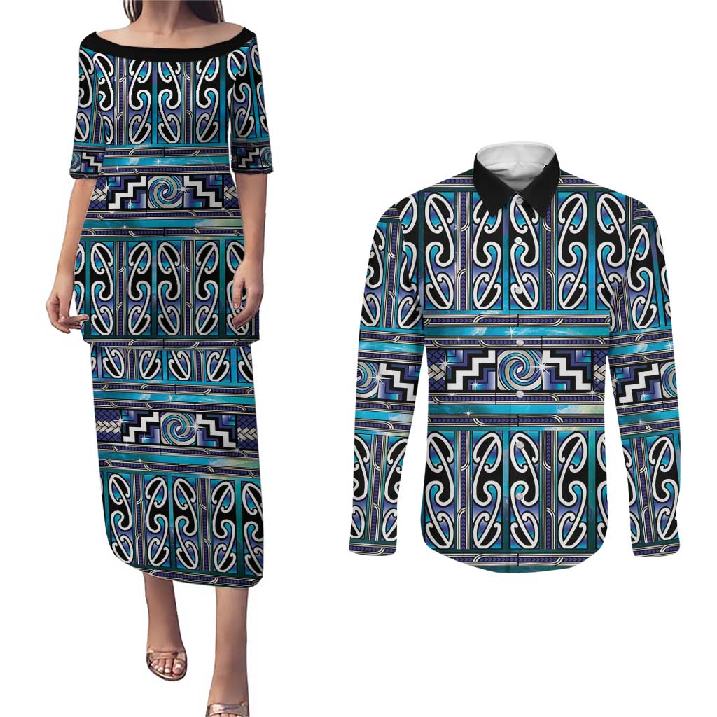 Maori Matariki Couples Matching Puletasi and Long Sleeve Button Shirt Blue Galaxy Aesthetic Koru Art