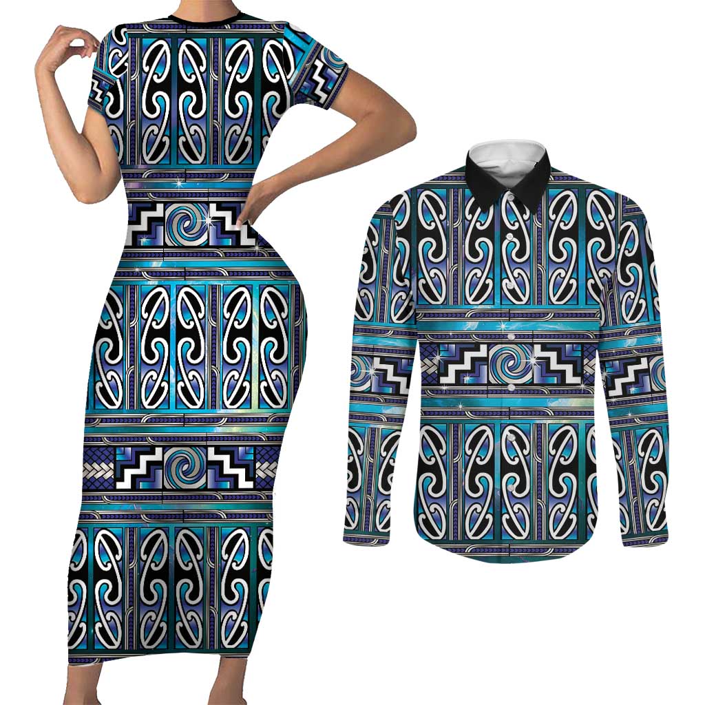 Maori Matariki Couples Matching Short Sleeve Bodycon Dress and Long Sleeve Button Shirt Blue Galaxy Aesthetic Koru Art