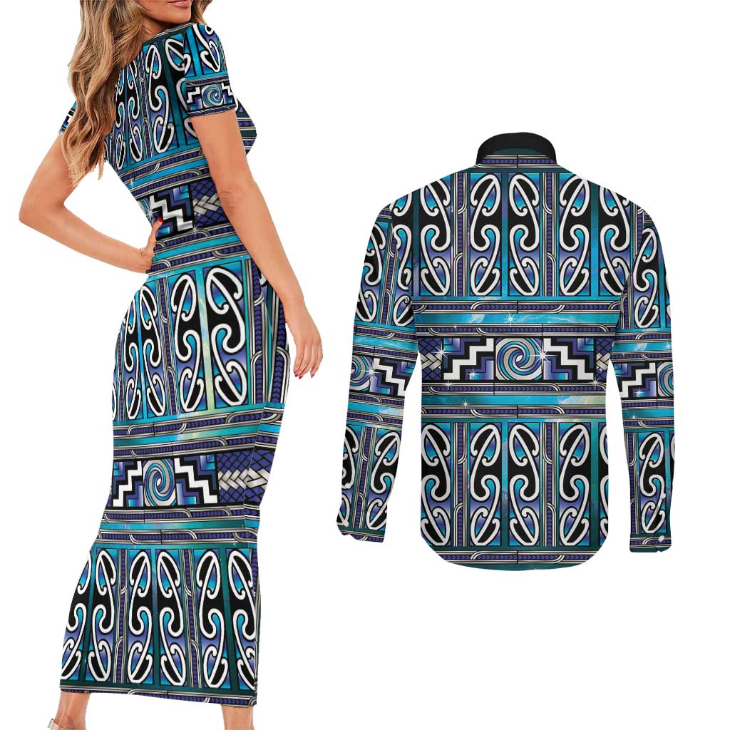 Maori Matariki Couples Matching Short Sleeve Bodycon Dress and Long Sleeve Button Shirt Blue Galaxy Aesthetic Koru Art