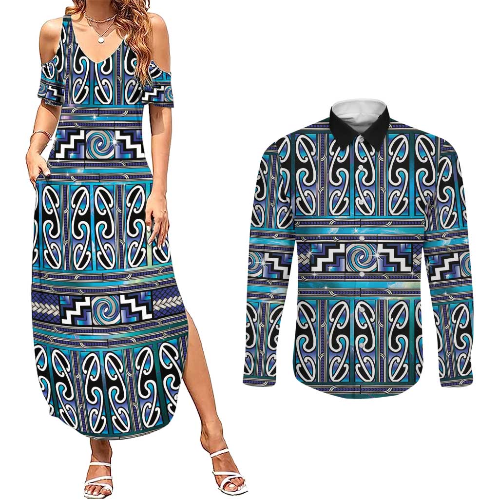 Maori Matariki Couples Matching Summer Maxi Dress and Long Sleeve Button Shirt Blue Galaxy Aesthetic Koru Art