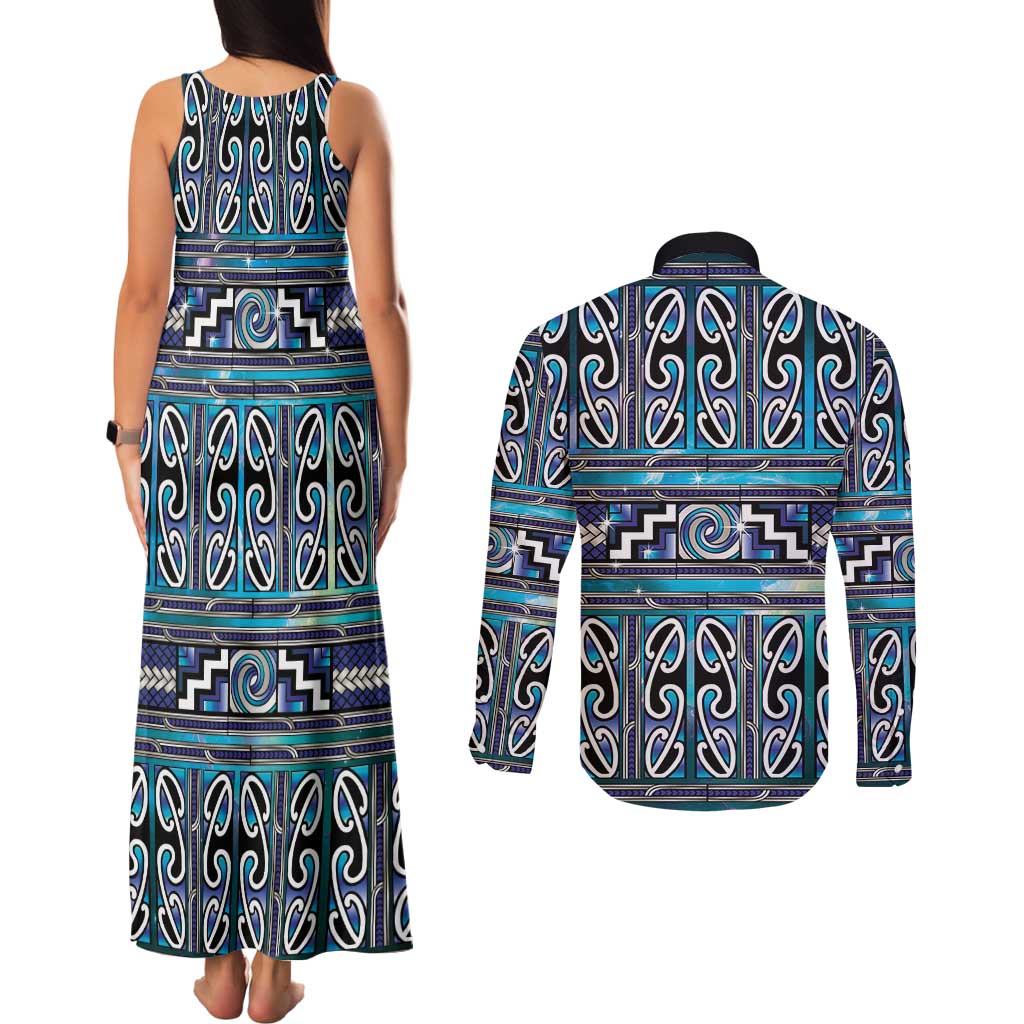 Maori Matariki Couples Matching Tank Maxi Dress and Long Sleeve Button Shirt Blue Galaxy Aesthetic Koru Art