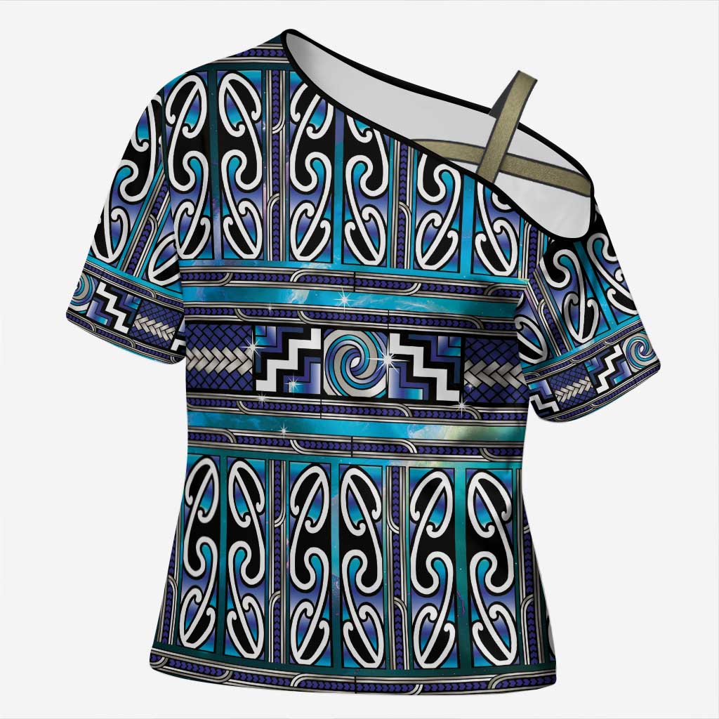Maori Matariki Cross Shoulder Shirt Blue Galaxy Aesthetic Koru Art