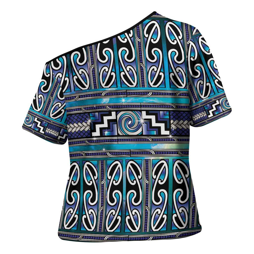 Maori Matariki Cross Shoulder Shirt Blue Galaxy Aesthetic Koru Art