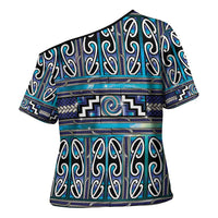 Maori Matariki Cross Shoulder Shirt Blue Galaxy Aesthetic Koru Art