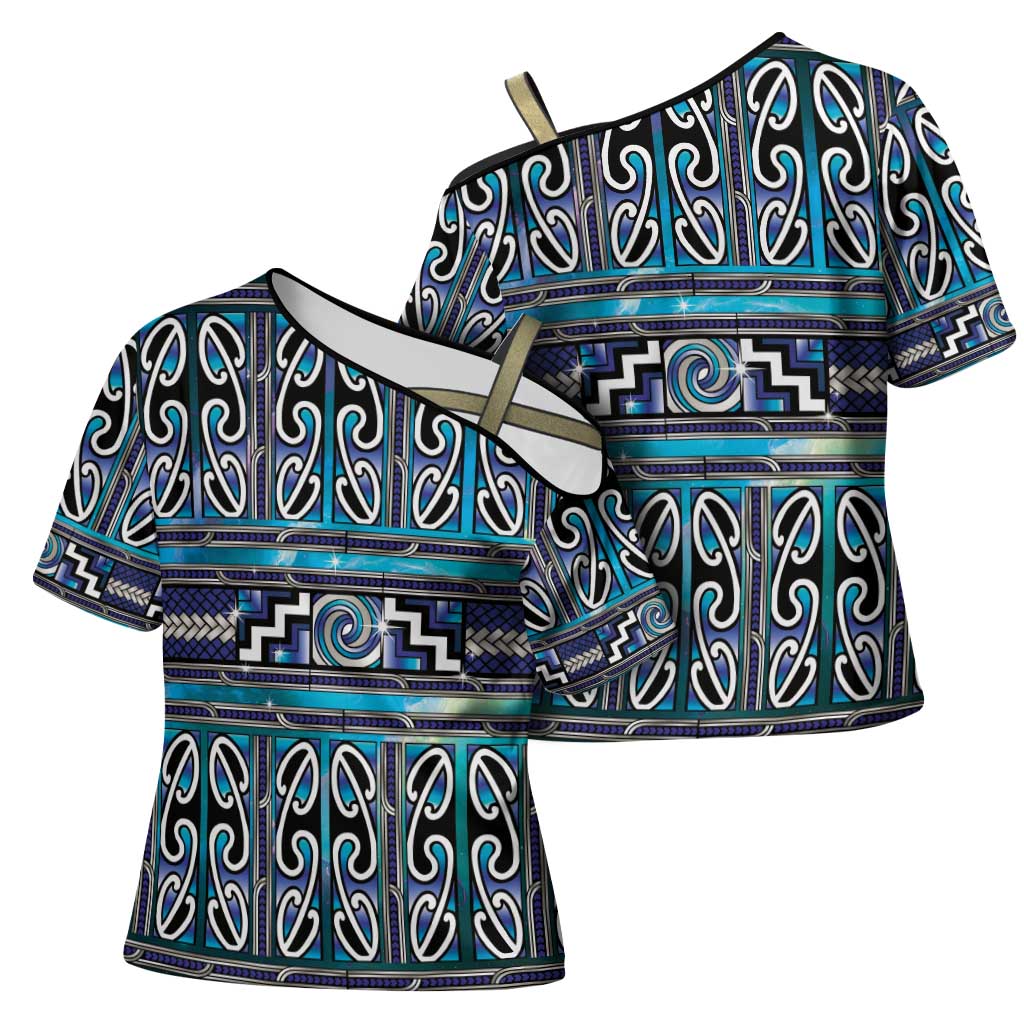 Maori Matariki Cross Shoulder Shirt Blue Galaxy Aesthetic Koru Art