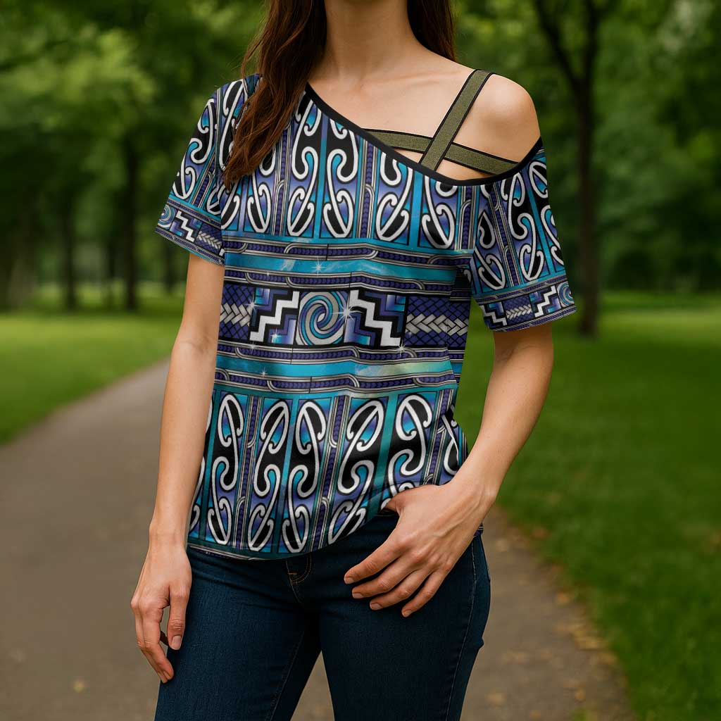 Maori Matariki Cross Shoulder Shirt Blue Galaxy Aesthetic Koru Art