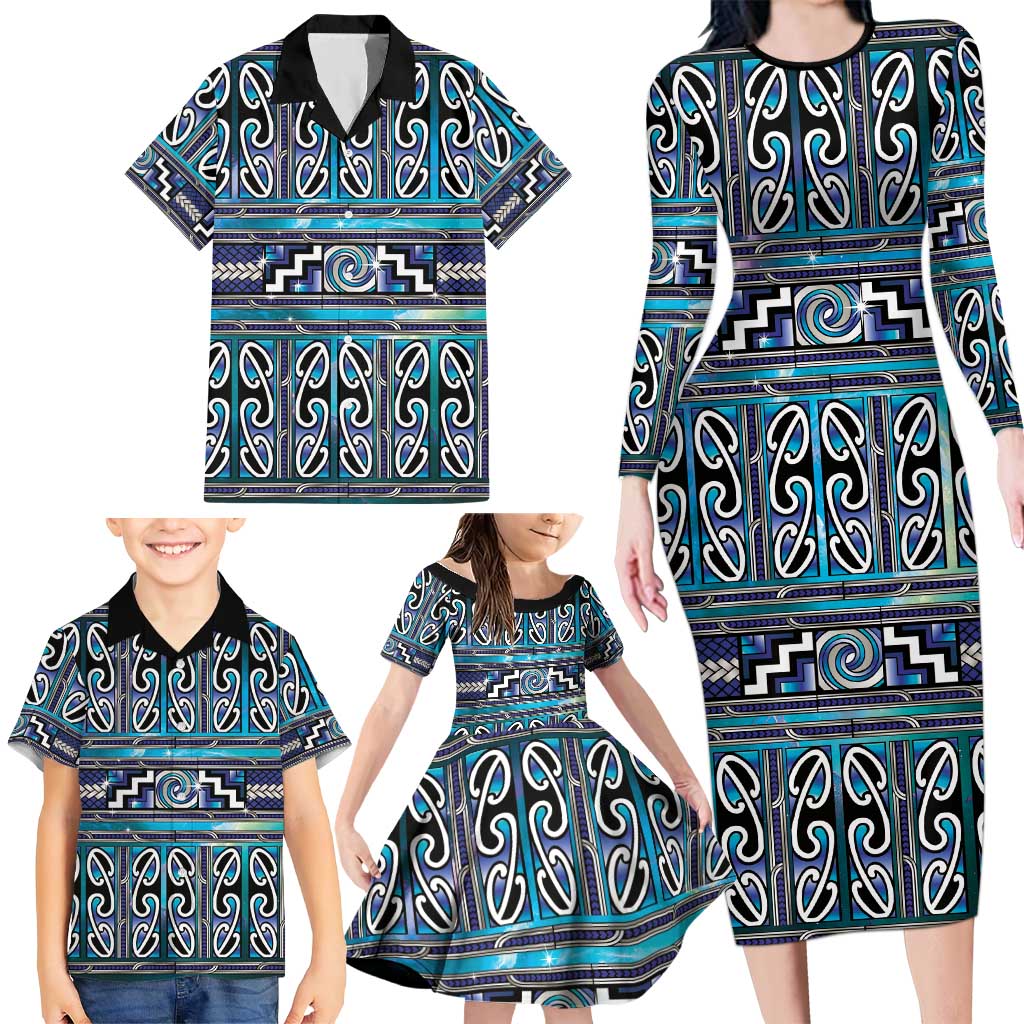 Maori Matariki Family Matching Long Sleeve Bodycon Dress and Hawaiian Shirt Blue Galaxy Aesthetic Koru Art