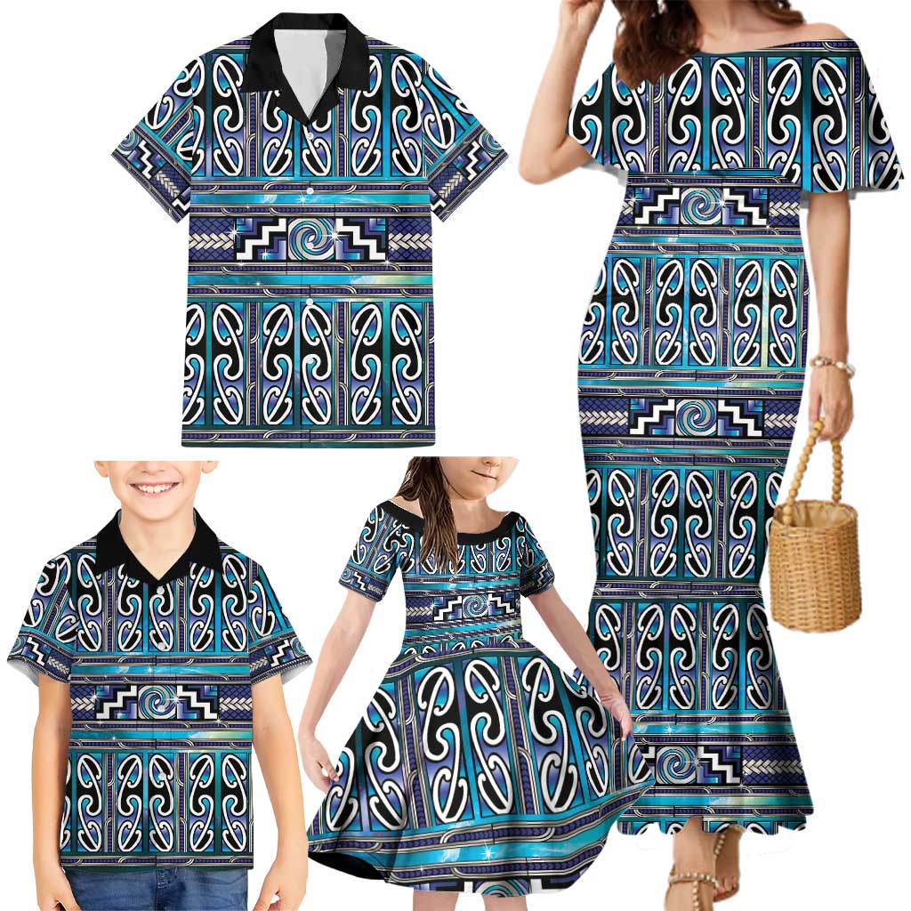 Maori Matariki Family Matching Mermaid Dress and Hawaiian Shirt Blue Galaxy Aesthetic Koru Art