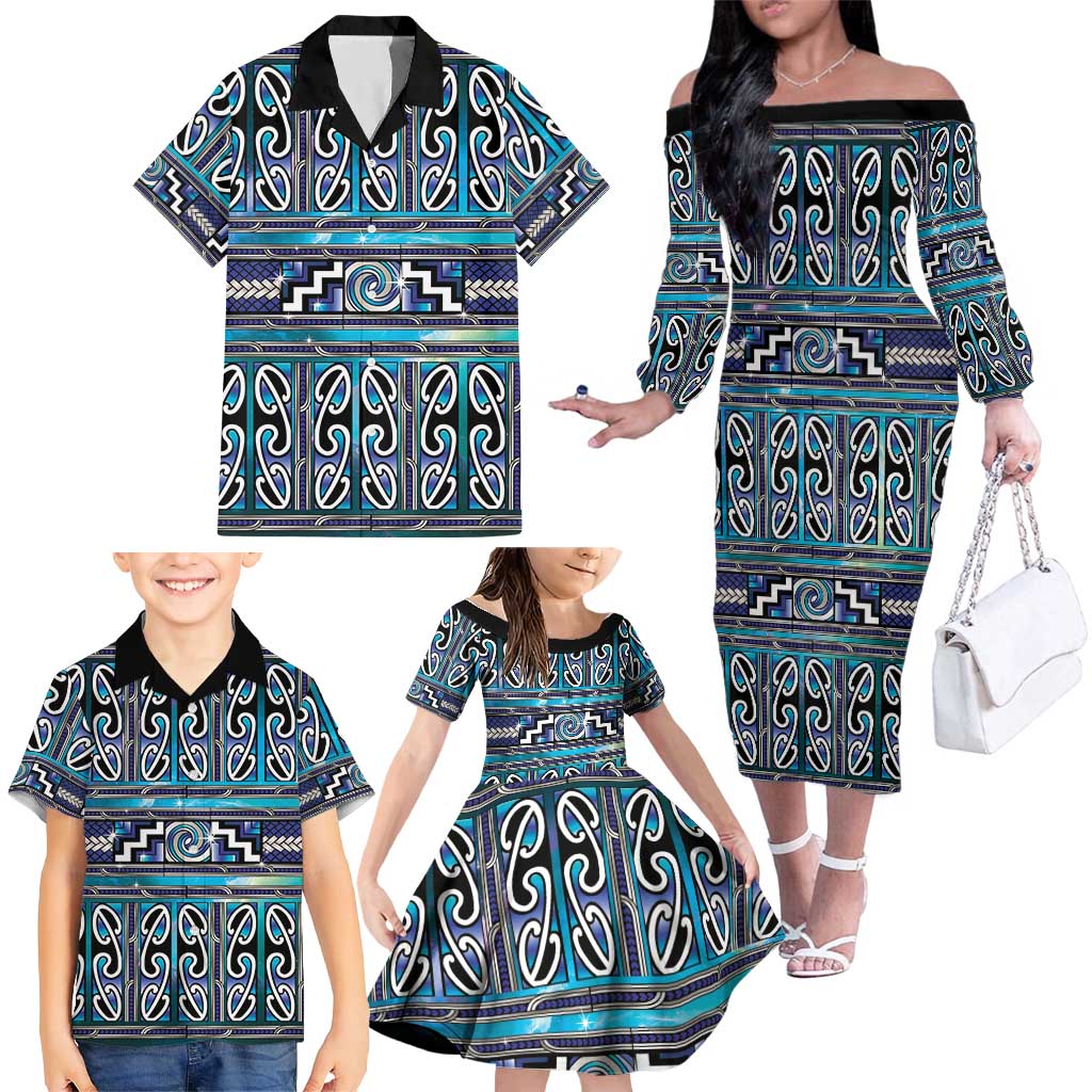 Maori Matariki Family Matching Off The Shoulder Long Sleeve Dress and Hawaiian Shirt Blue Galaxy Aesthetic Koru Art