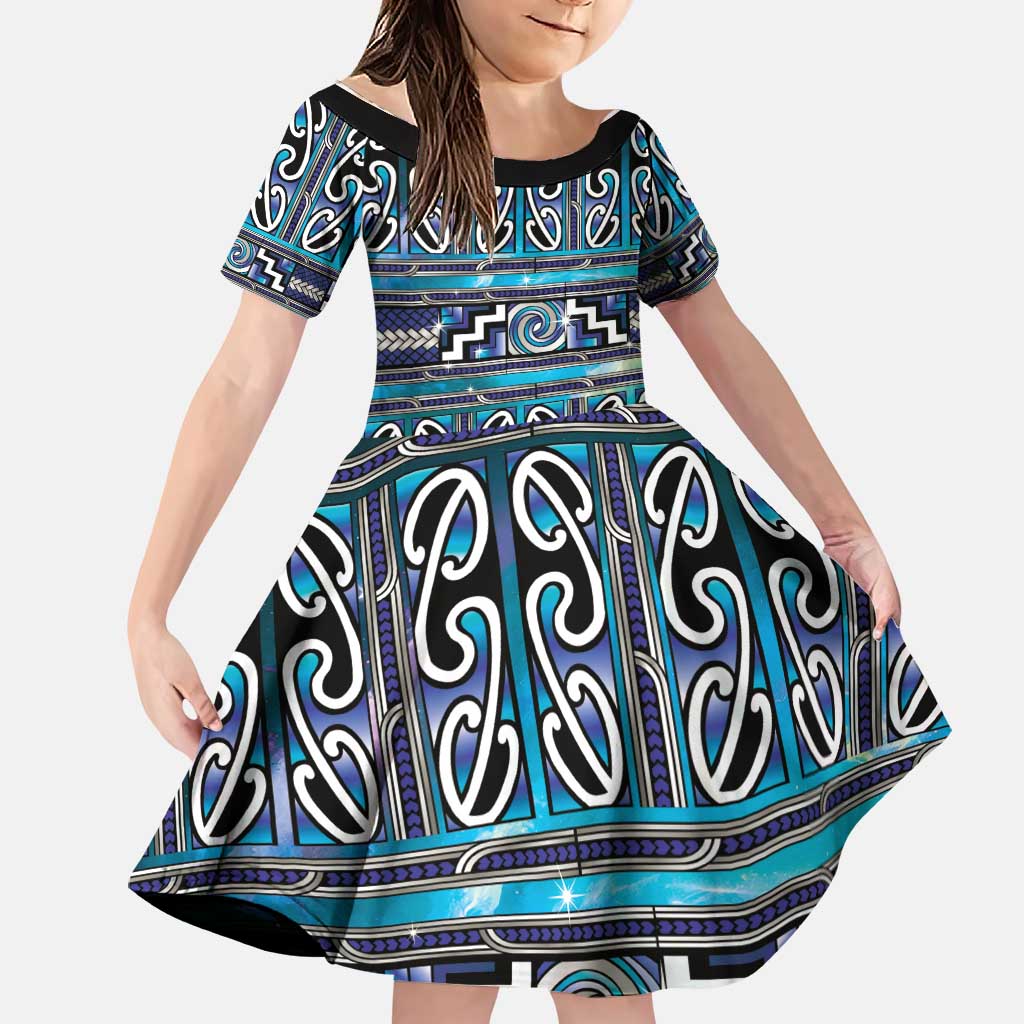 Maori Matariki Family Matching Off Shoulder Maxi Dress and Hawaiian Shirt Blue Galaxy Aesthetic Koru Art