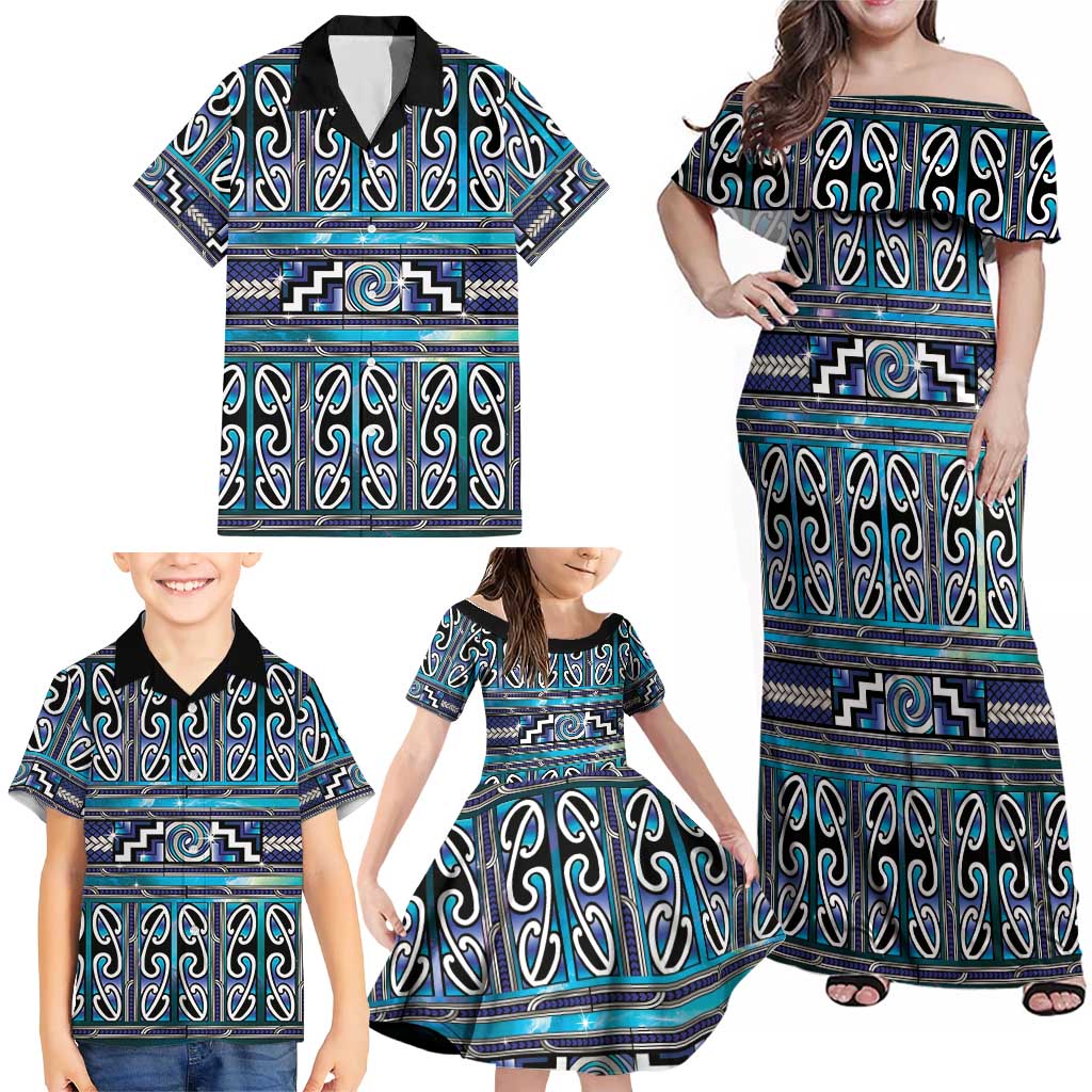 Maori Matariki Family Matching Off Shoulder Maxi Dress and Hawaiian Shirt Blue Galaxy Aesthetic Koru Art