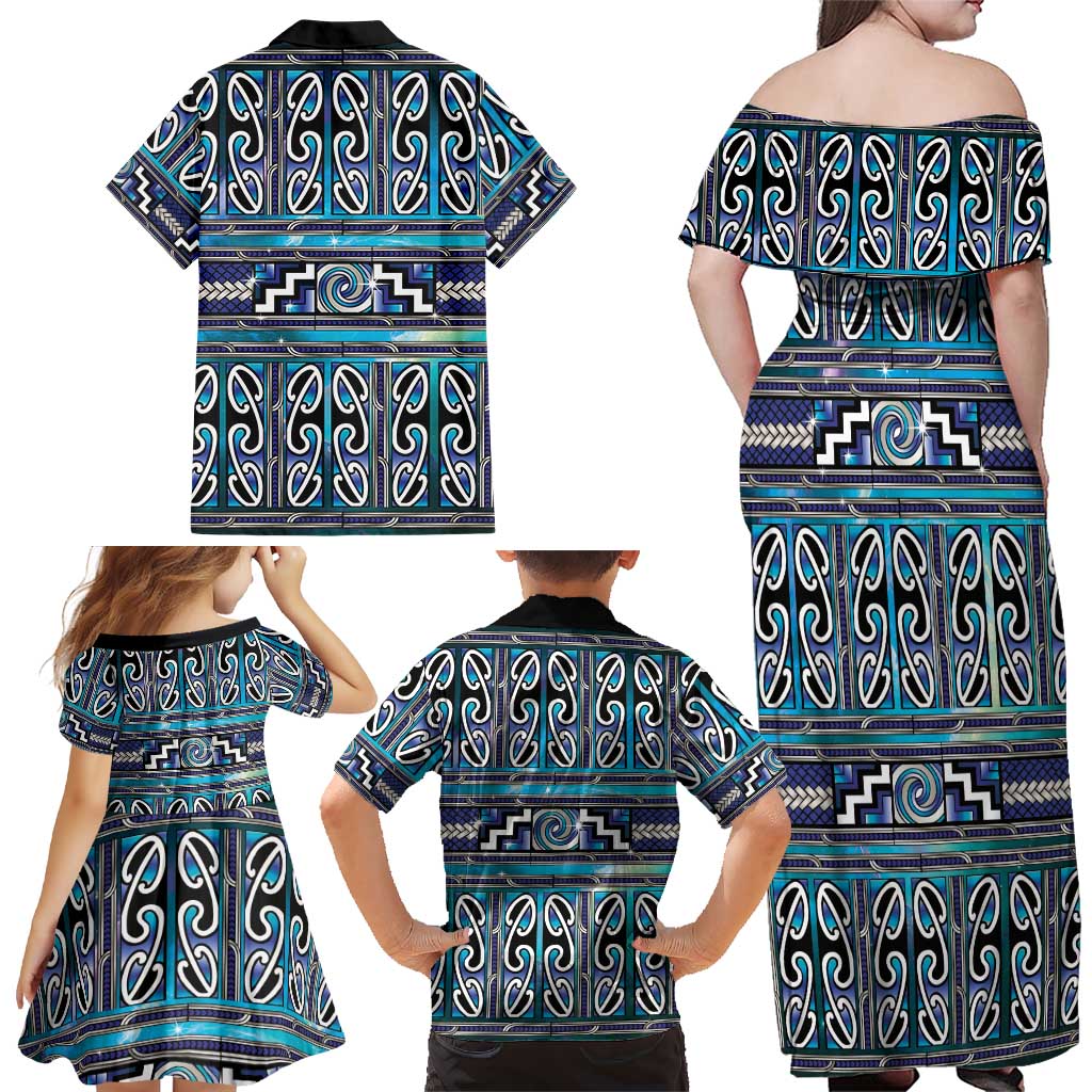 Maori Matariki Family Matching Off Shoulder Maxi Dress and Hawaiian Shirt Blue Galaxy Aesthetic Koru Art